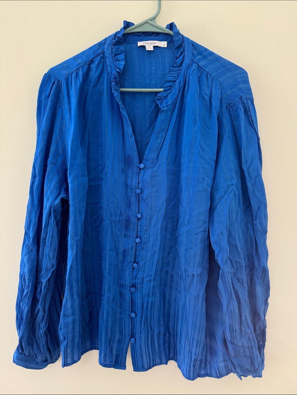 Chico's Cobalt Blue Ruffled V-Neck Button Front Blouse